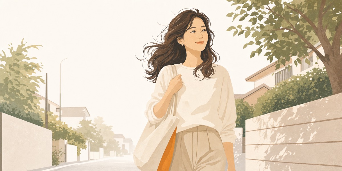 朝の光の中を気持ちよく歩く女性のイラスト