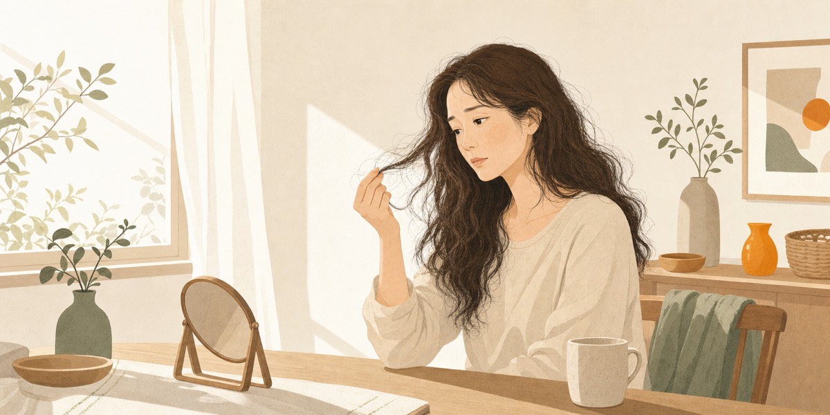 鏡の前で髪の傷みを気にしている女性のイラスト
