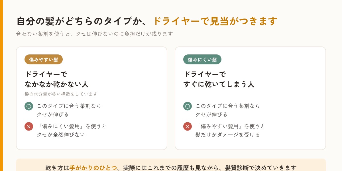 髪のタイプと薬剤の相性を血液型にたとえた図解
