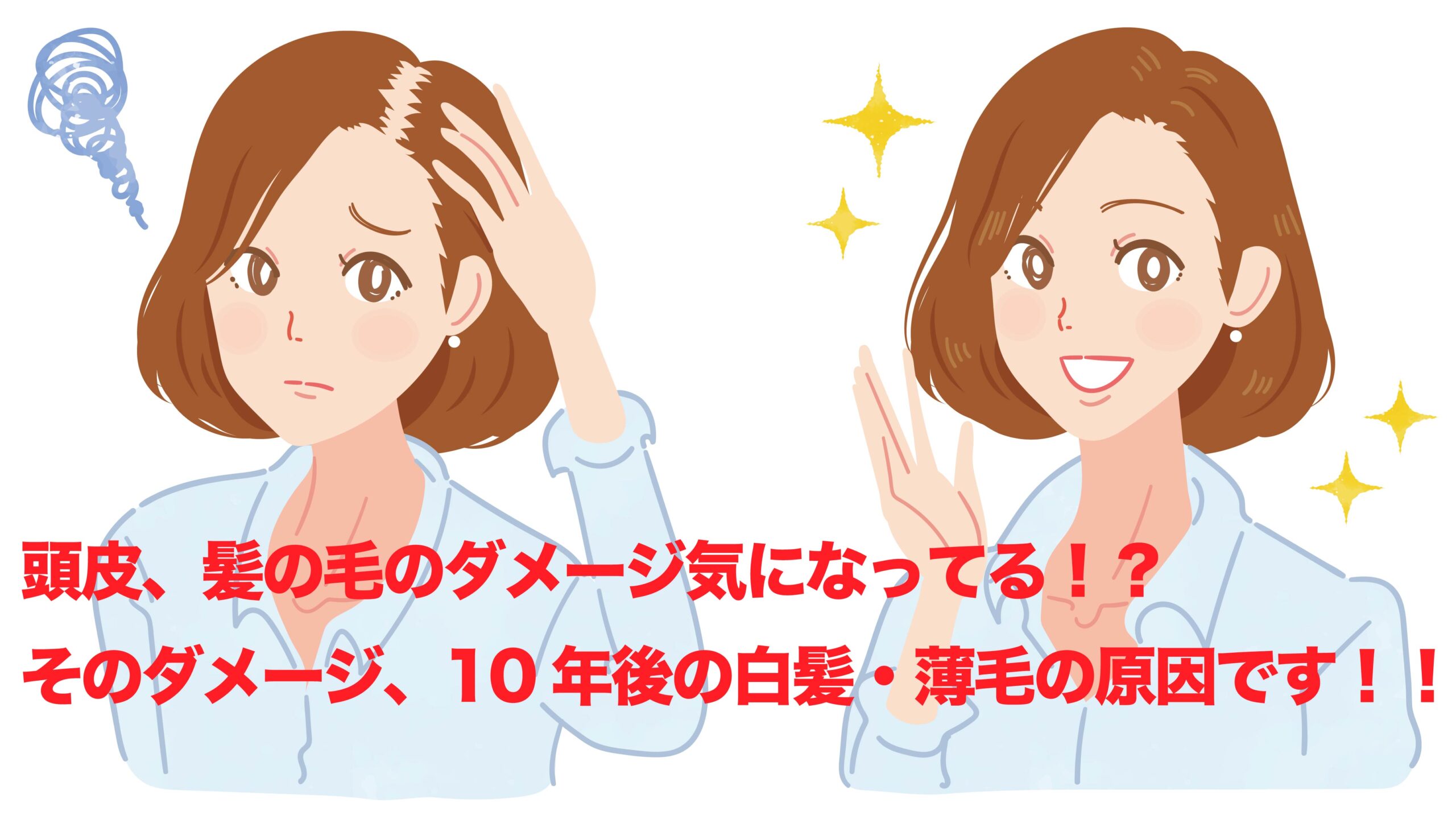 頭皮、髪の毛のダメージ気になってる！？　そのダメージ、10年後の白髪・薄毛の原因です！！